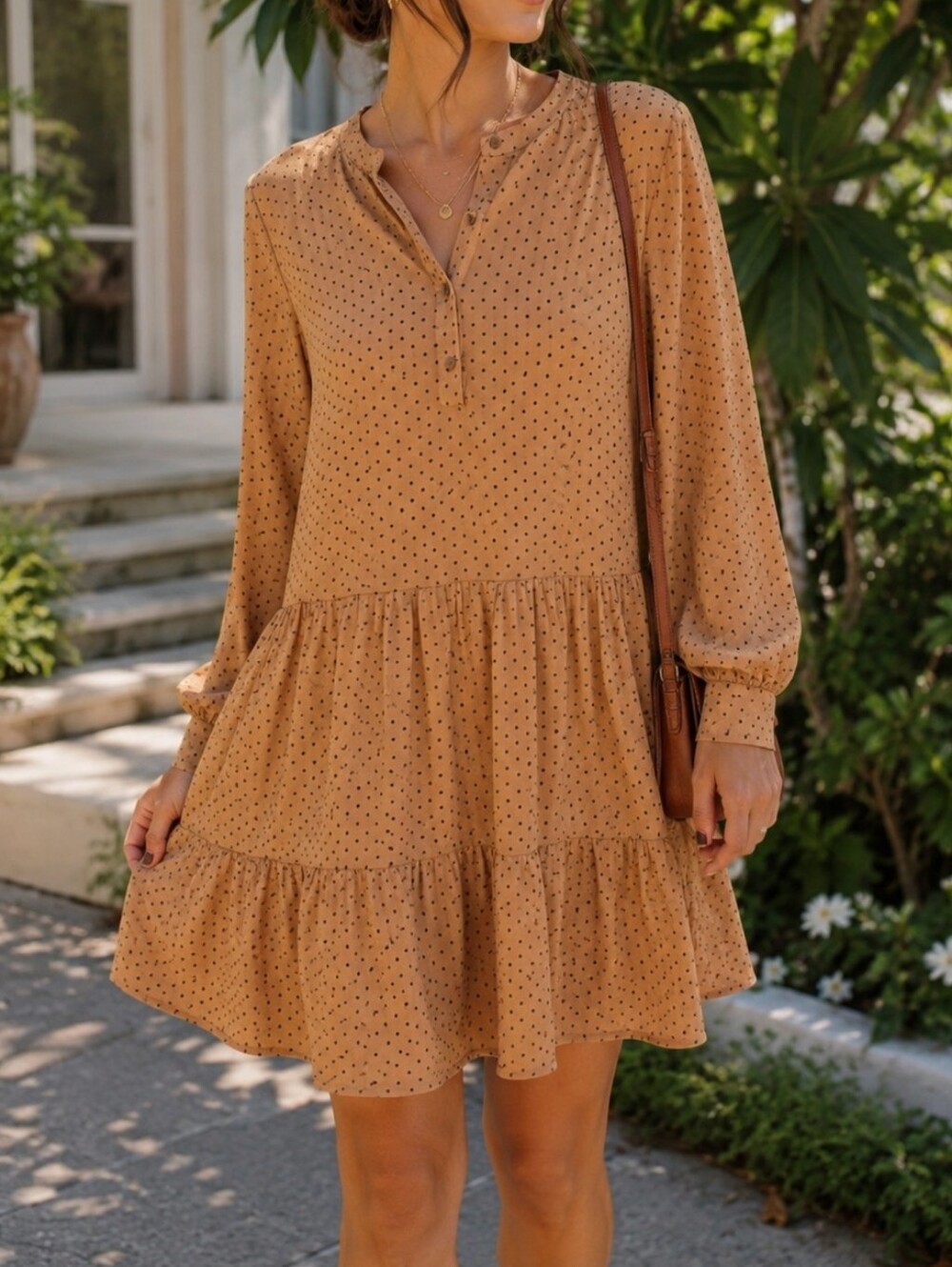 ICHI Tan Black Polka Dot Tiered Long Sleeve Boho Mini Dress Fall Romantic
